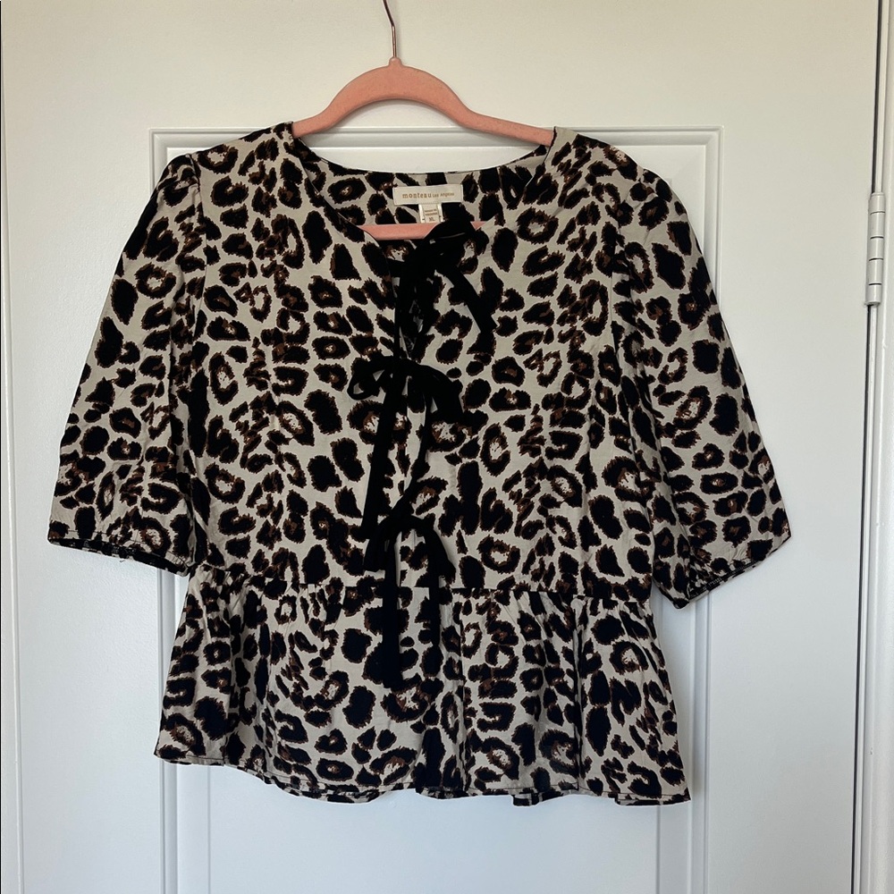 Monteau Black and Cream Leopard Tie-Front Peplum Blouse
